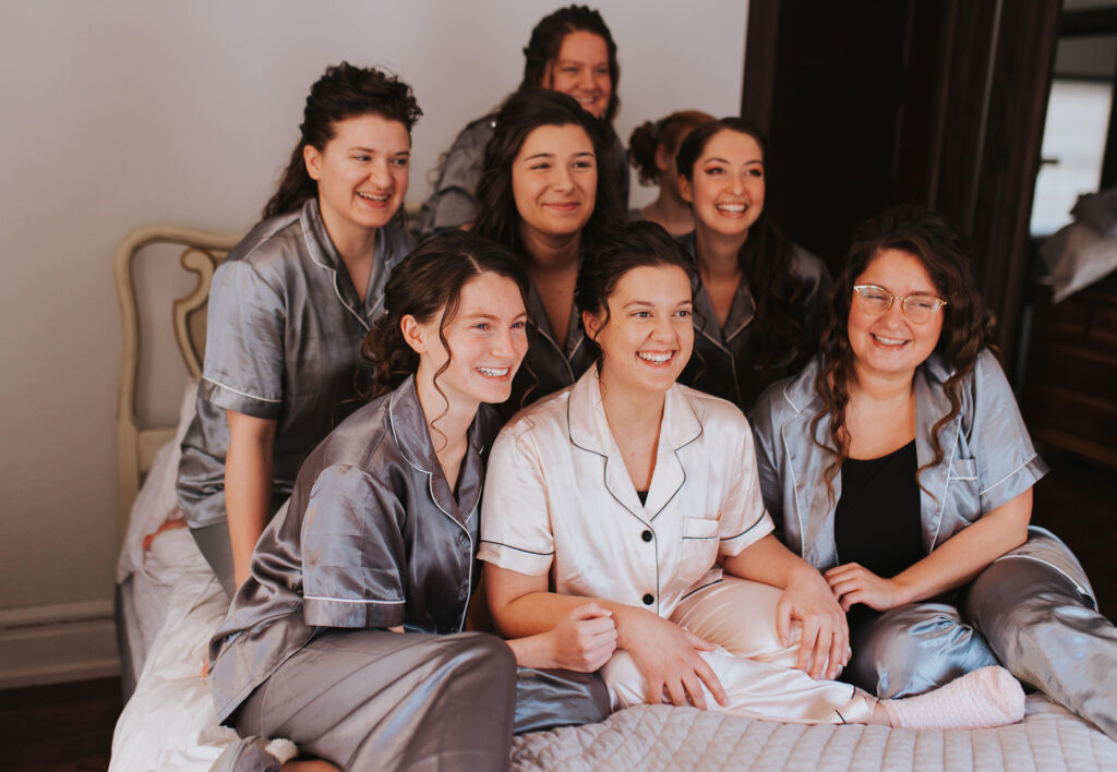 Bridal party gets ready together before wedding in Toledo, Ohio