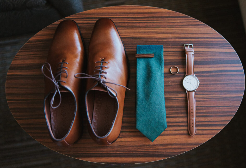 Groom necessities displayed on table