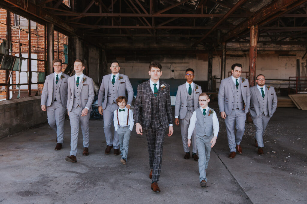 Groomsmen in an industrial downtown wedding near Toledo, Ohio