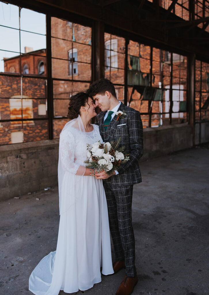 Wedding photo in an old warehouse that has burned down